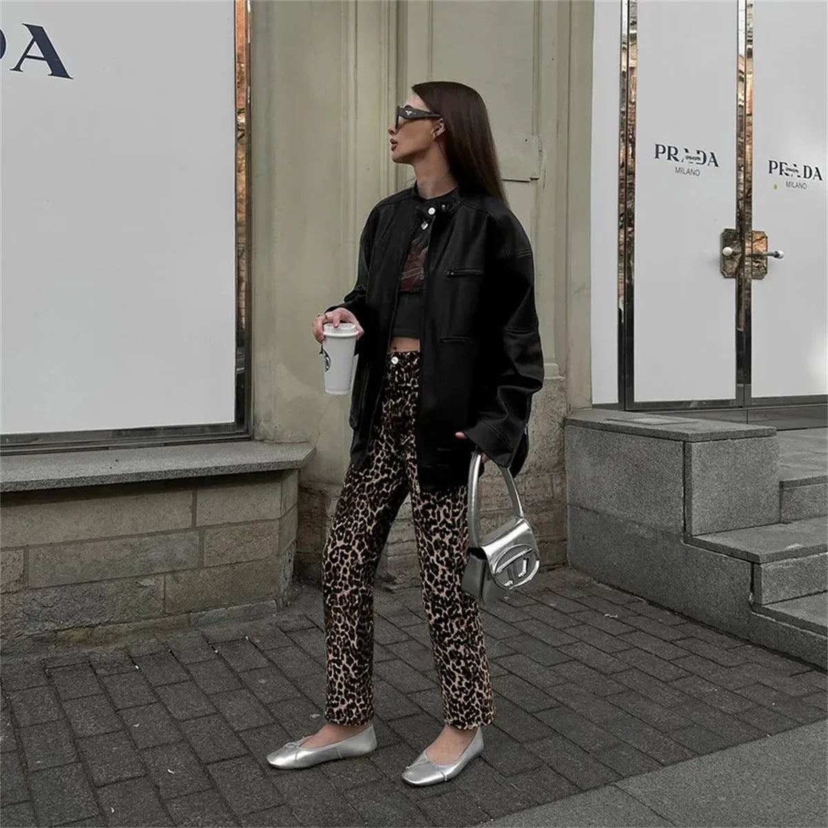 Dame Jeans med Leopardmønster | Løs Pasform | Høj Talje | Vintage Streetwear Stil