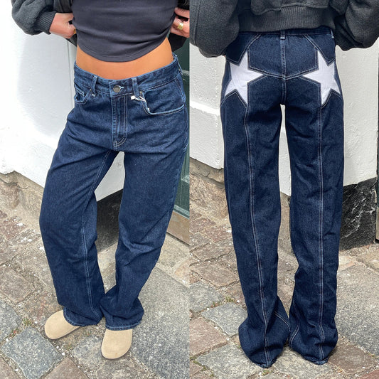Dame Jeans med Stjerneprint | Løs Pasform | Lav Talje | Vintage Y2K Denim Bukser