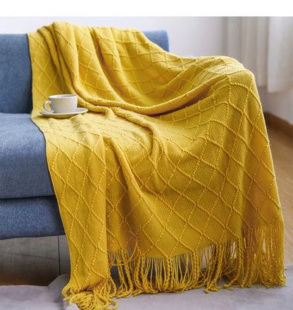 Oversized strikket plaid med kvaster | Tekstureret boho design