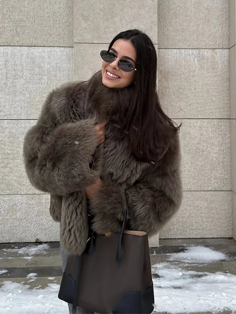 Kort jakke i imitert pels til kvinder | Elegant standkrave | Løs pasform