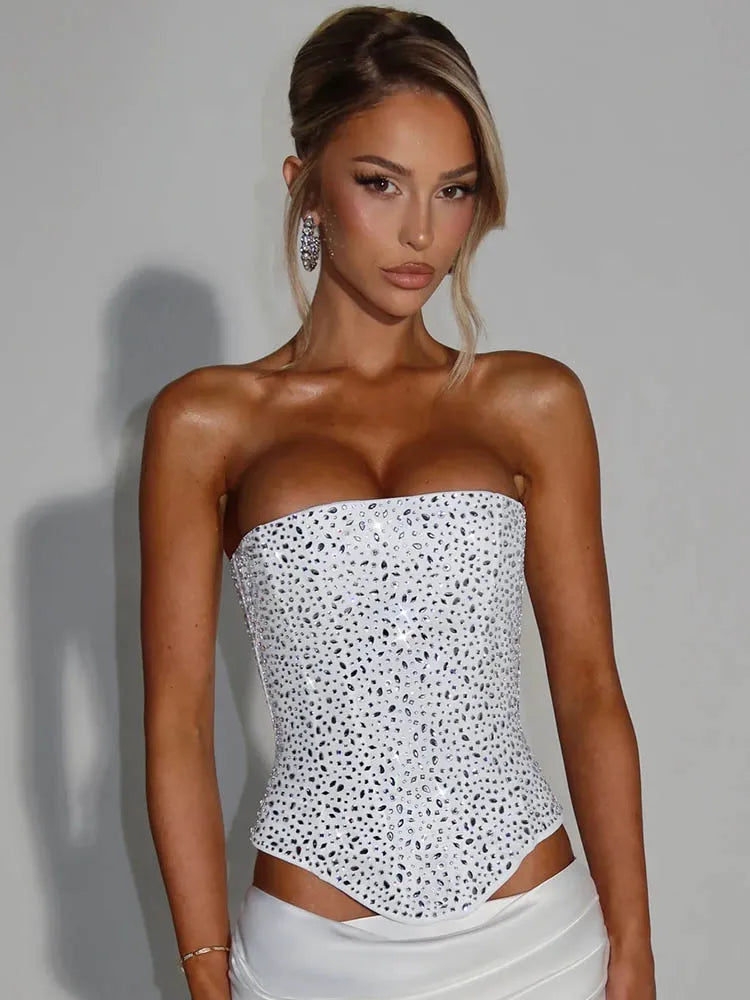 To-delt sæt til kvinder | Stropløs paillet-top | Satin maxinederdel til fest og aften