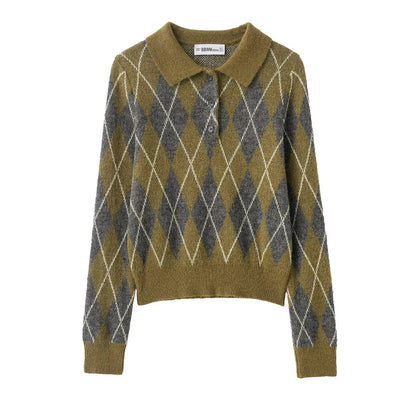Kvinders striktrøje | Argyle-mønster | Polo-krave & blød kvalitet
