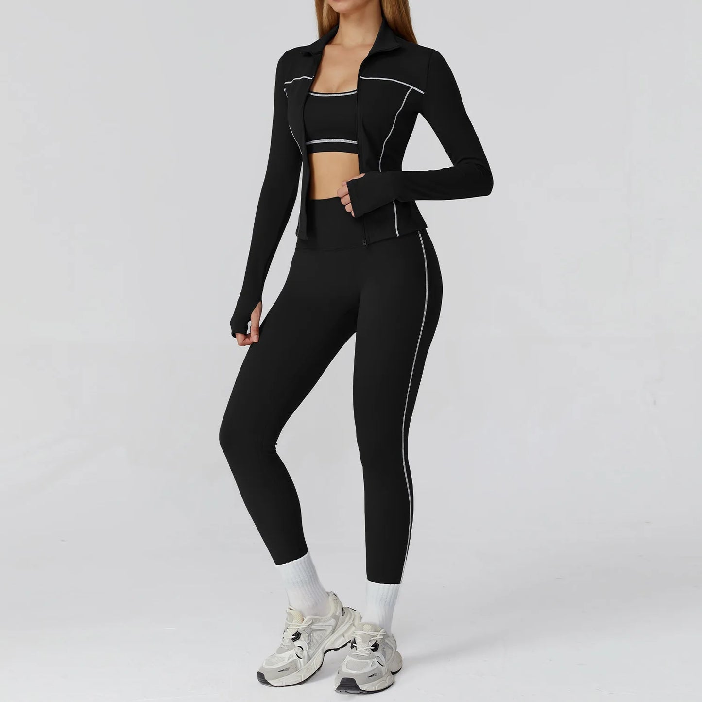 Figurformende 3-delt yogasæt med jakke, top og leggings til kvinder