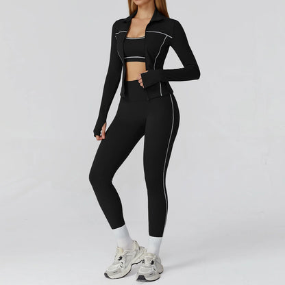 Figurformende 3-delt yogasæt med jakke, top og leggings til kvinder