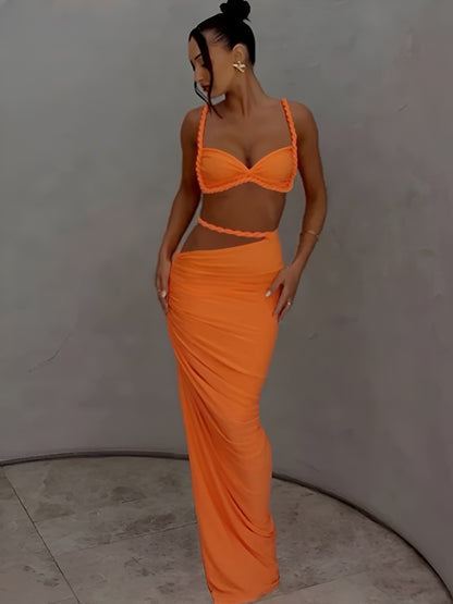 Vævet todelt sæt med crop top og maxinederdel | Elegant ferielook