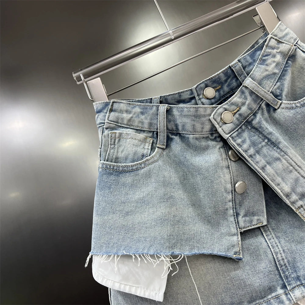 Kvinders denim mininederdel | Lag-på-lag look | Rå kanter & A-form