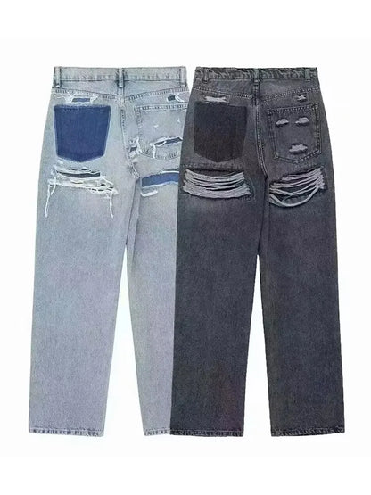 Kvinders højtaljede jeans | Patchwork denim med slidte detaljer | Lige ben