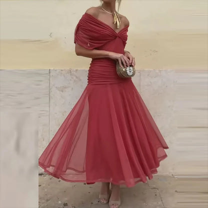 Elegant plisseret A-line kjole med print | Ankel-lang fest- og cocktailkjole