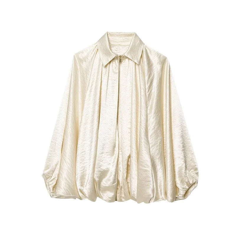 Elegant satin bomberjakke til kvinder | Løs pasform med draperede detaljer