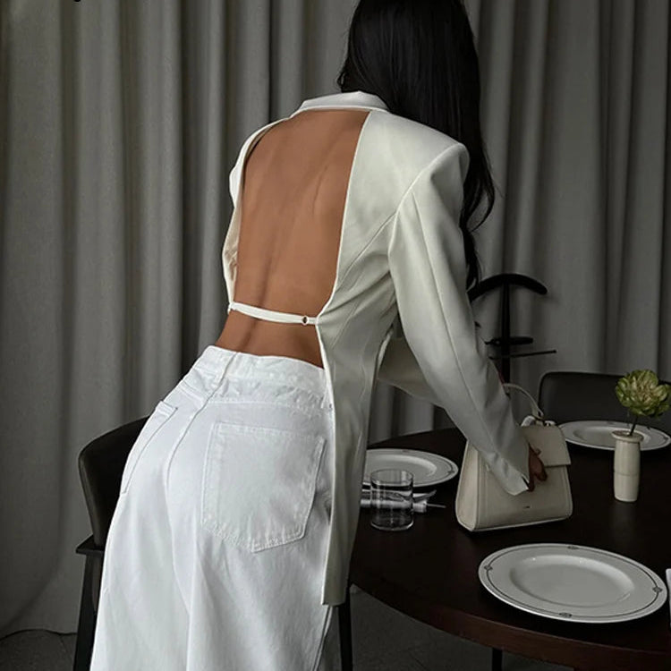 Elegant Hvid Blazer til Kvinder | Åben Ryg | Langærmet | Klassisk Business Jakke