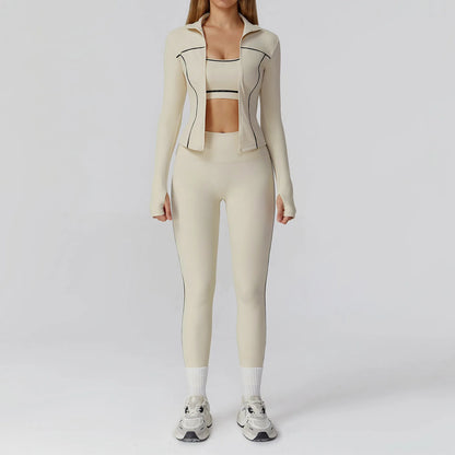 Figurformende 3-delt yogasæt med jakke, top og leggings til kvinder
