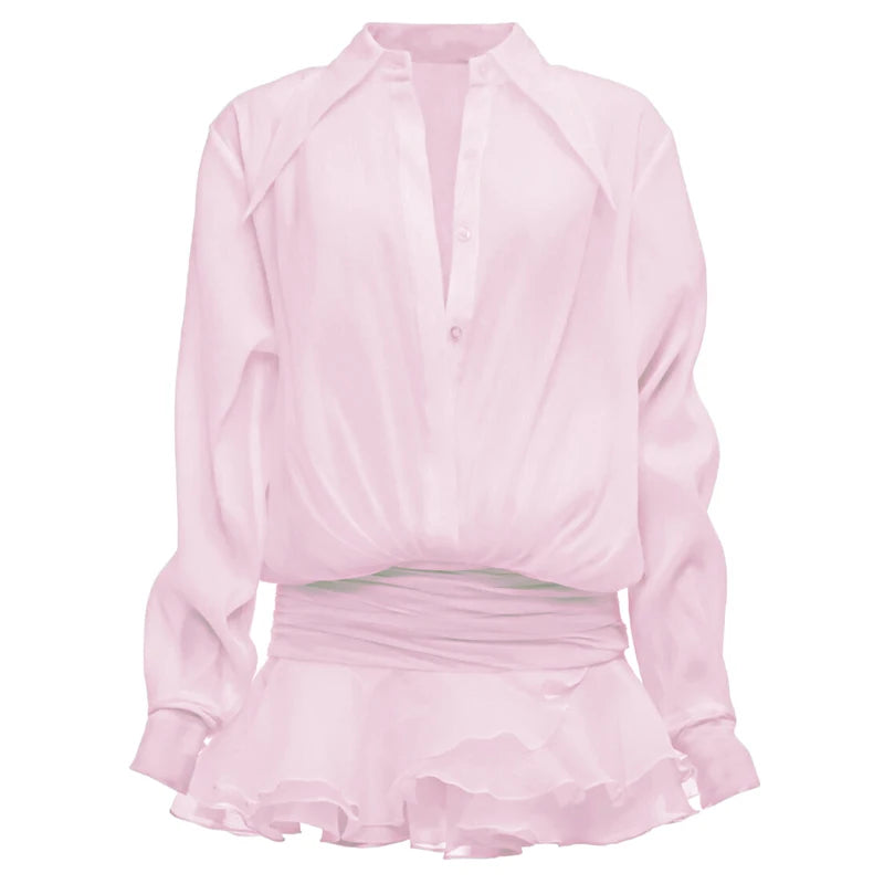 Elegant sort skjorte med taljedetalje | Langærmet bluse med slå-om effekt