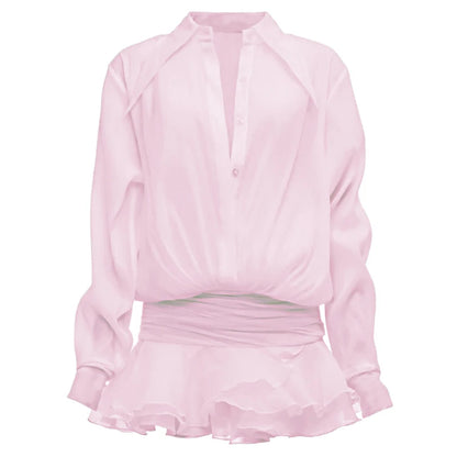 Elegant sort skjorte med taljedetalje | Langærmet bluse med slå-om effekt