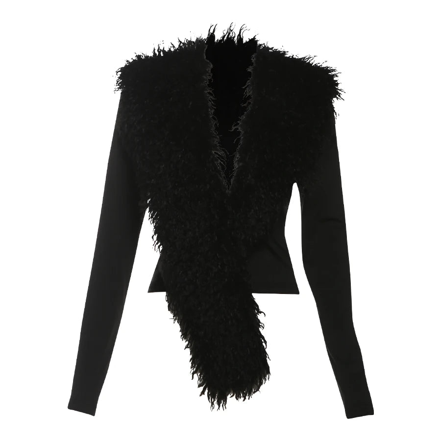 Elegant Struktureret Top Med Fuzzy Patchwork Og Dyb V-Hals