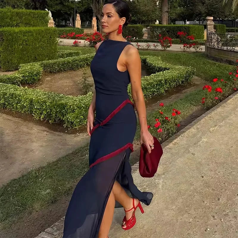 Kjole med farveblok og rygløs design til kvinder | A-formet festkjole