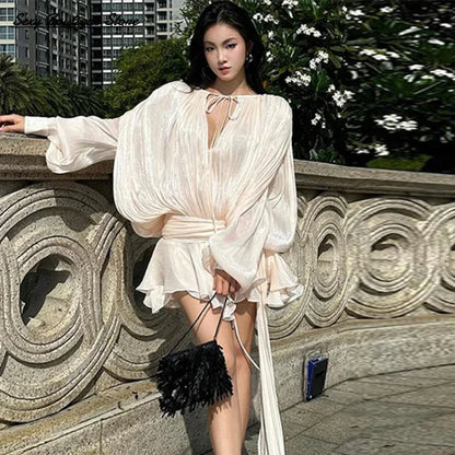 Elegant Chiffon Kjole til Kvinder | Rynket Skørt | Lanterneærmer