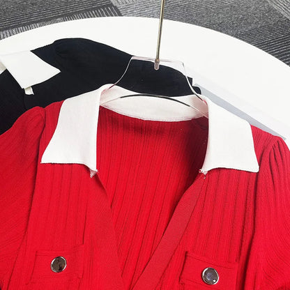 Strikket Kjole til Kvinder | V-hals | Single Breasted | Kort Ærme Chic Dress