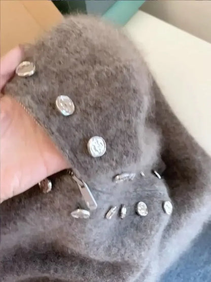 Kvinders luksusstrik med lynlås | Fluffy tekstur | Dobbelt knaplukning