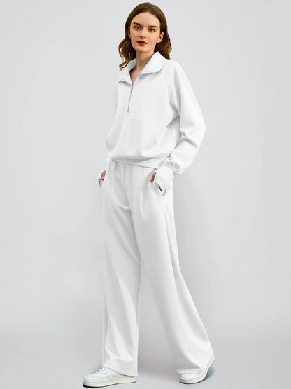 Dame Jogging Sæt | Halv Lynlås Sweatshirt & Vide Bukser | Komfortabelt & Stilrent To-delt Sæt