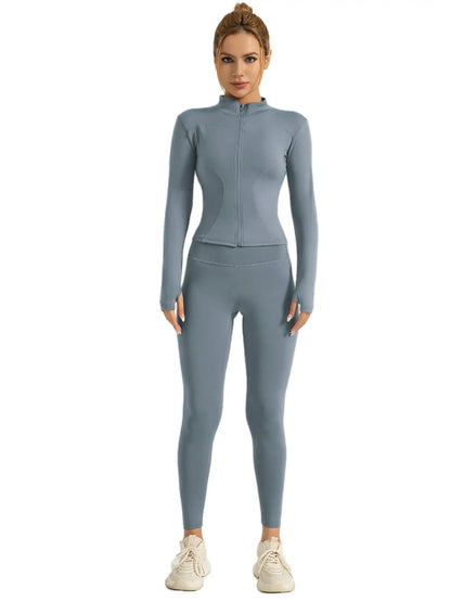 Kvinders todelt træningssæt | Lynlåsjakke med høj hals og højtaljede leggings