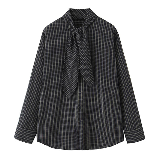 Kvinders skjorte | Ternet mønster | Løst snit & dekorativ tørklædedetalje