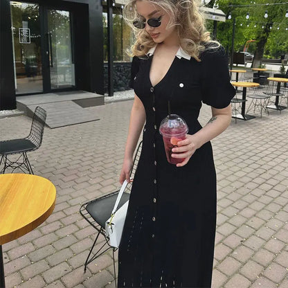 Strikket Kjole til Kvinder | V-hals | Single Breasted | Kort Ærme Chic Dress