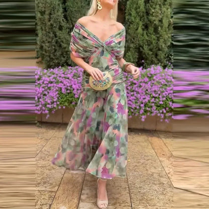 Elegant plisseret A-line kjole med print | Ankel-lang fest- og cocktailkjole