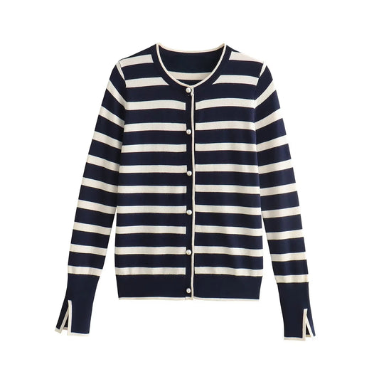 Kvinders strikket cardigan | Stribet design | Let kvalitet & feminin pasform