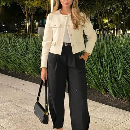 Kvinders kort tweedjakke | Struktureret design | Klassiske lommer & knapper