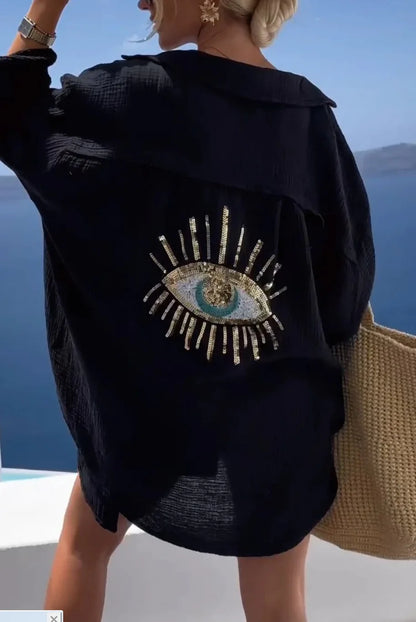 Løs langærmet bomuldsskjorte til kvinder med afslappet snit