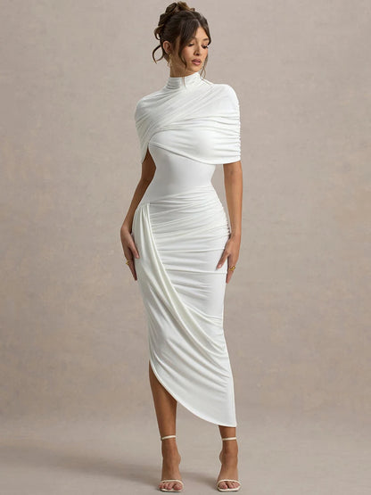 Half Sleeve Maxikjole | Backless & Rynket | Turtleneck A-Linje Kjole