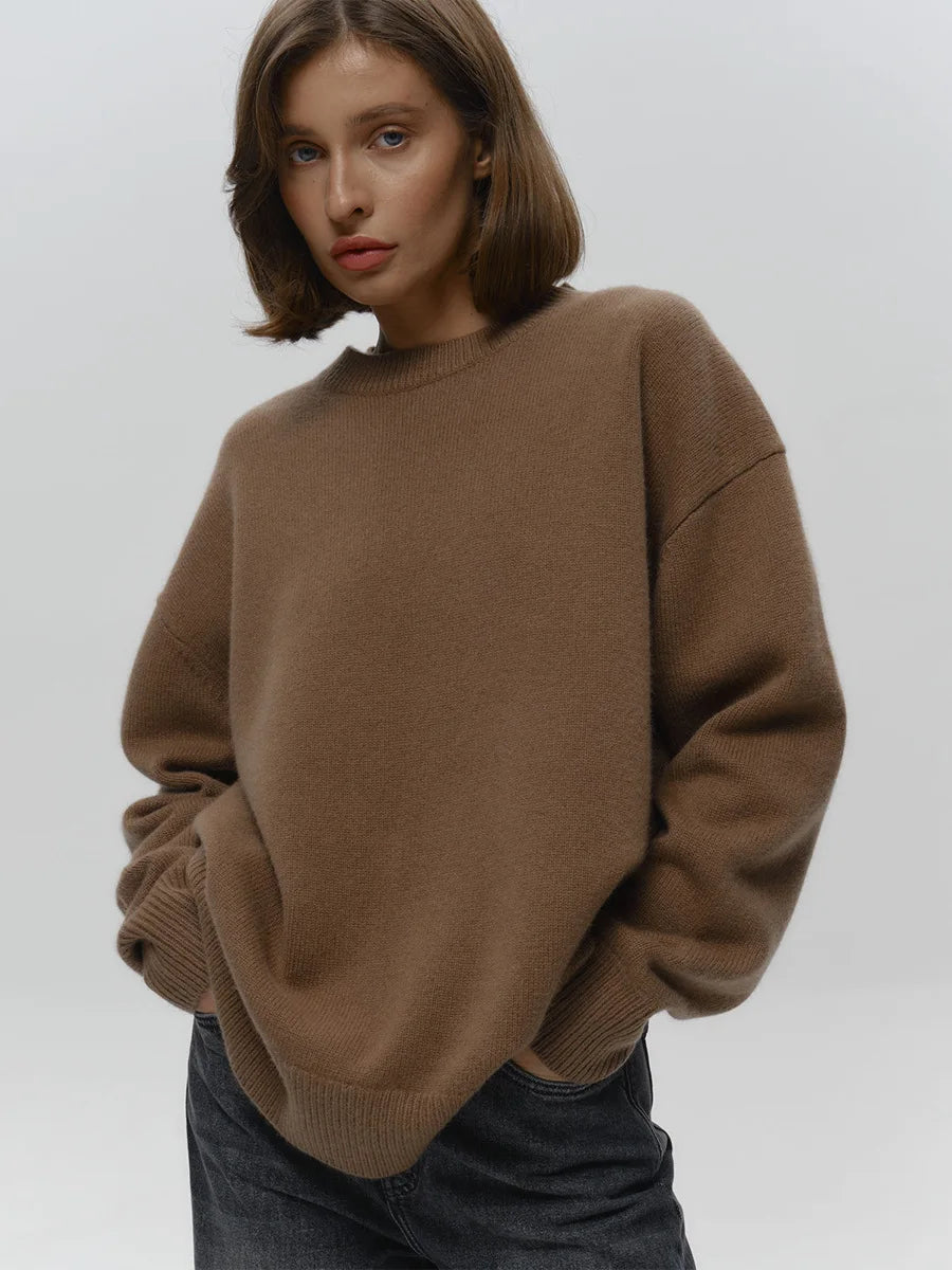 Oversized strikket O-hals sweater til kvinder med afslappet pasform