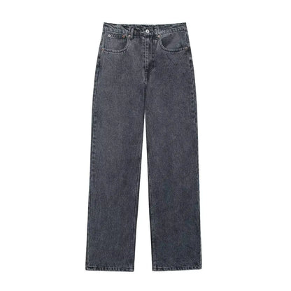 Kvinders højtaljede jeans | Patchwork denim med slidte detaljer | Lige ben