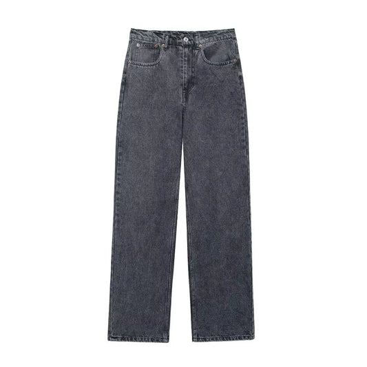 Kvinders højtaljede jeans | Patchwork denim med slidte detaljer | Lige ben