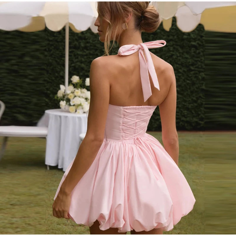 Halter Plisseret Mini Kjole | Backless Bandage Partykjole
