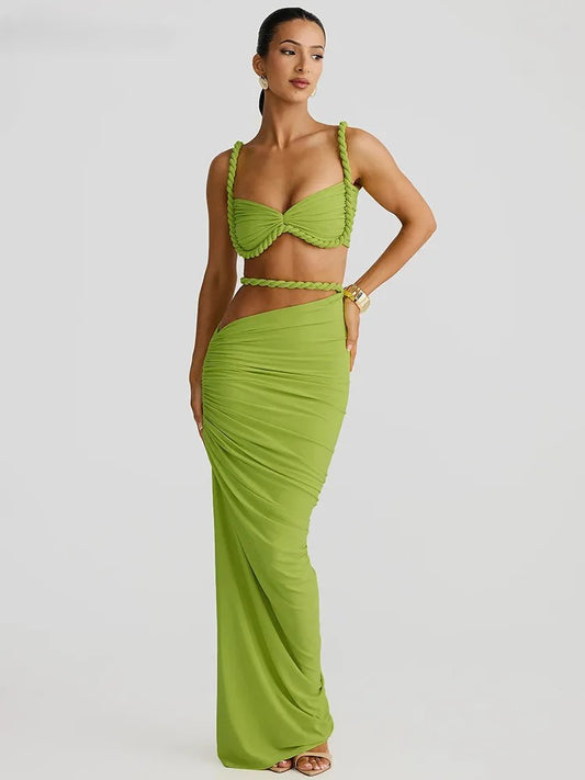 Vævet todelt sæt med crop top og maxinederdel | Elegant ferielook