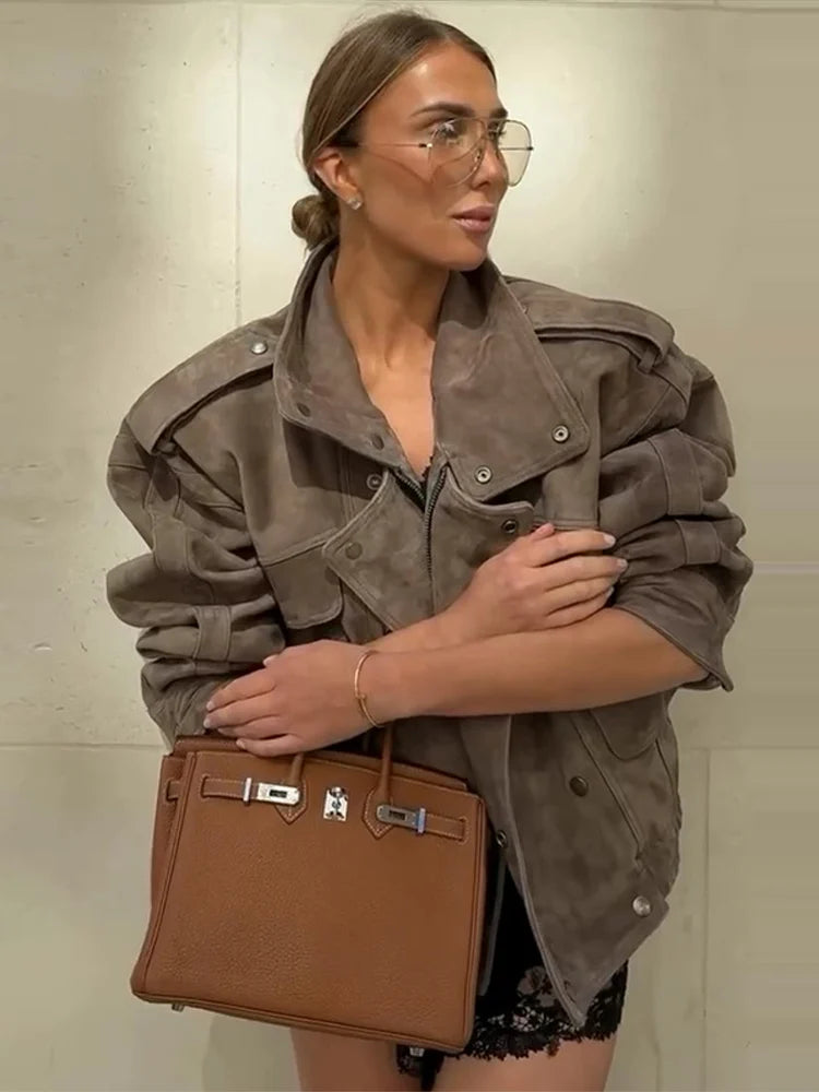 Elegant Suede-Inspireret Safari Bomberjakke Med Standkrave