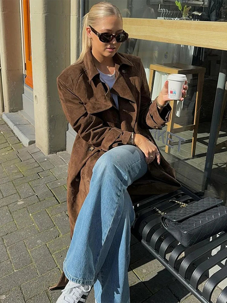 Kvinders lang ruskindsjakke | Klassisk design | Bælte i taljen | Retro