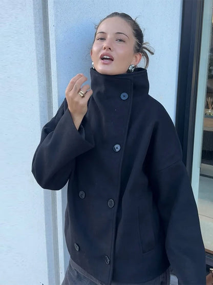 Kvinders uldfrakke | Høj krave | Dobbeltknaplukning