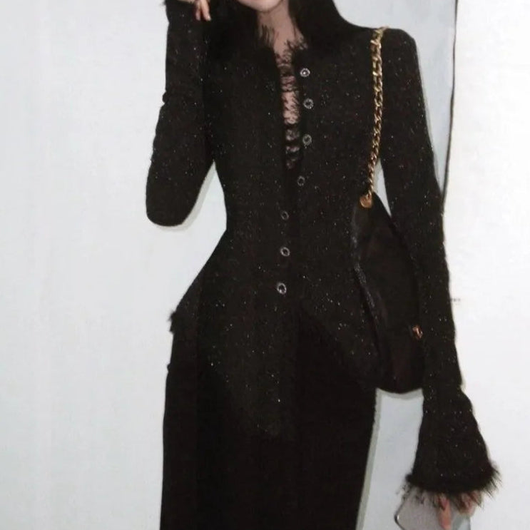 Elegant Sort Tweedjakke | Glitrende Slim Fit | Efterår & Vinter