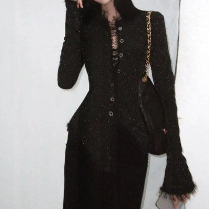 Elegant Sort Tweedjakke | Glitrende Slim Fit | Efterår & Vinter