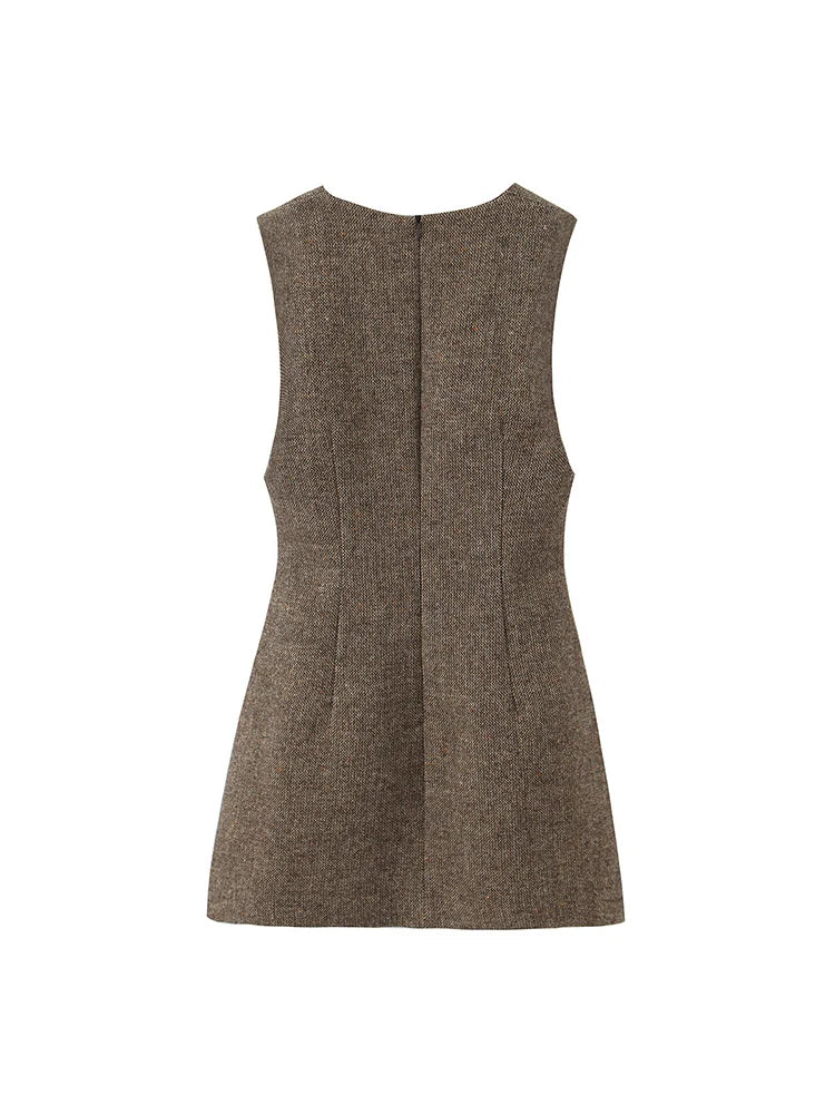 Elegant ærmeløs minikjole til kvinder med dyb V-udskæring og struktureret snit