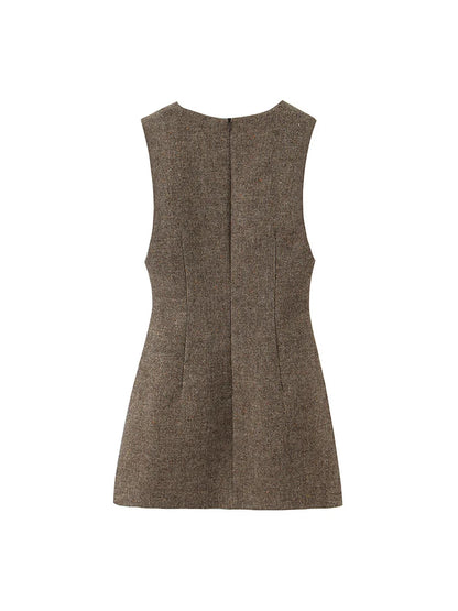 Elegant ærmeløs minikjole til kvinder med dyb V-udskæring og struktureret snit