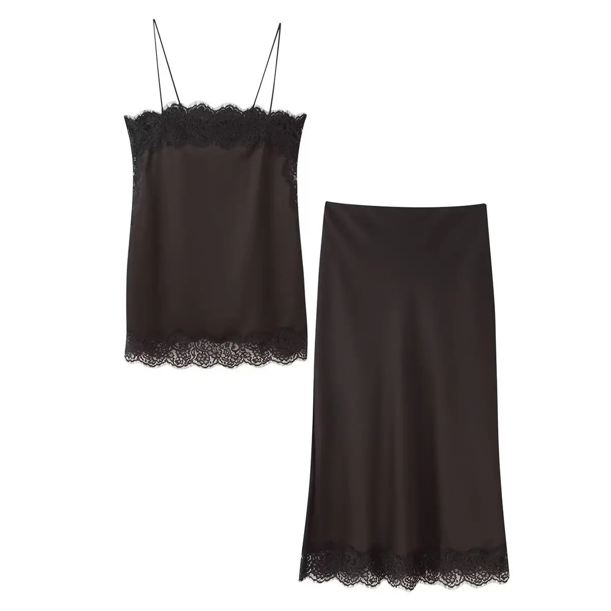 Todelt satinsæt til kvinder | Off-Shoulder cami-top og midi-nederdel med blonde