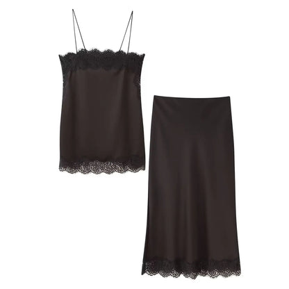 Todelt satinsæt til kvinder | Off-Shoulder cami-top og midi-nederdel med blonde