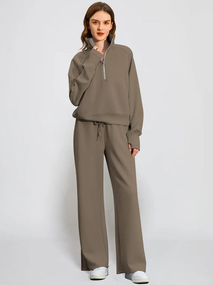 Dame Jogging Sæt | Halv Lynlås Sweatshirt & Vide Bukser | Komfortabelt & Stilrent To-delt Sæt