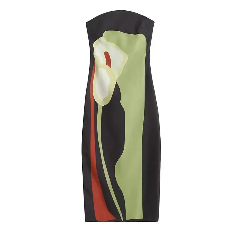 Stropløs lang kjole med kunstnerisk print og elegant silhuet