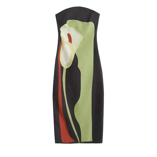 Stropløs lang kjole med kunstnerisk print og elegant silhuet