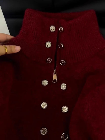 Kvinders luksusstrik med lynlås | Fluffy tekstur | Dobbelt knaplukning