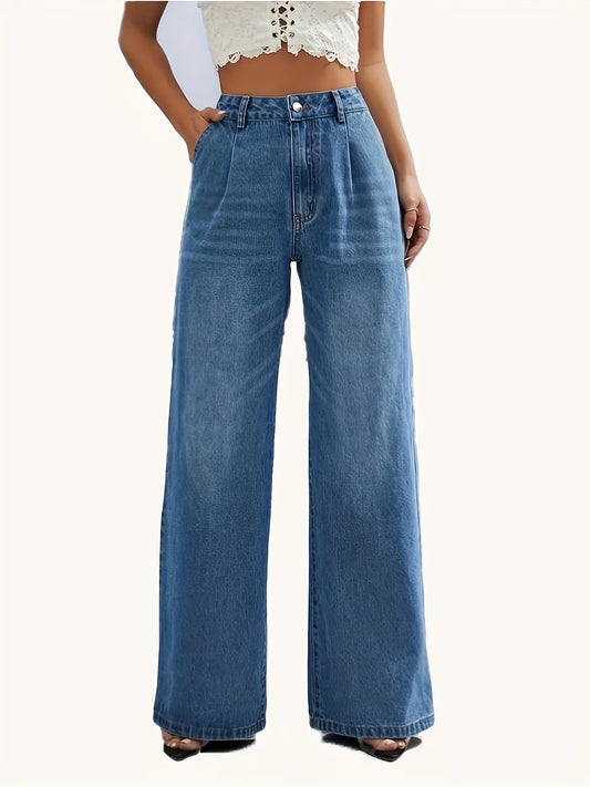 Kvinders jeans med vide ben | Højtaljede straight fit bukser | Klassisk denim til hverdagsbrug